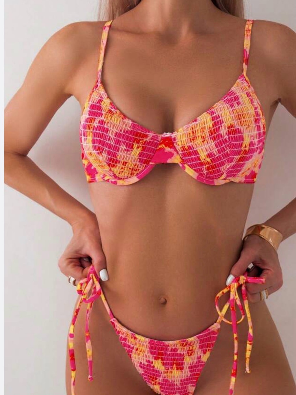 Shein Pink & Yellow Smocked Underwire Bikini